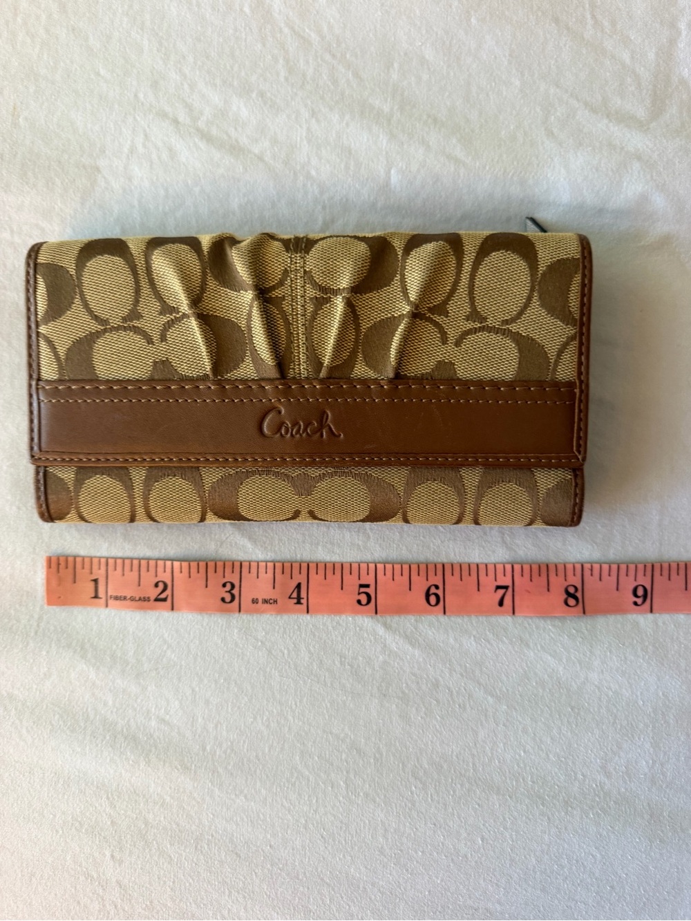 Coach Signature Canvas Continental Wallet in Khaki and Brown Trim